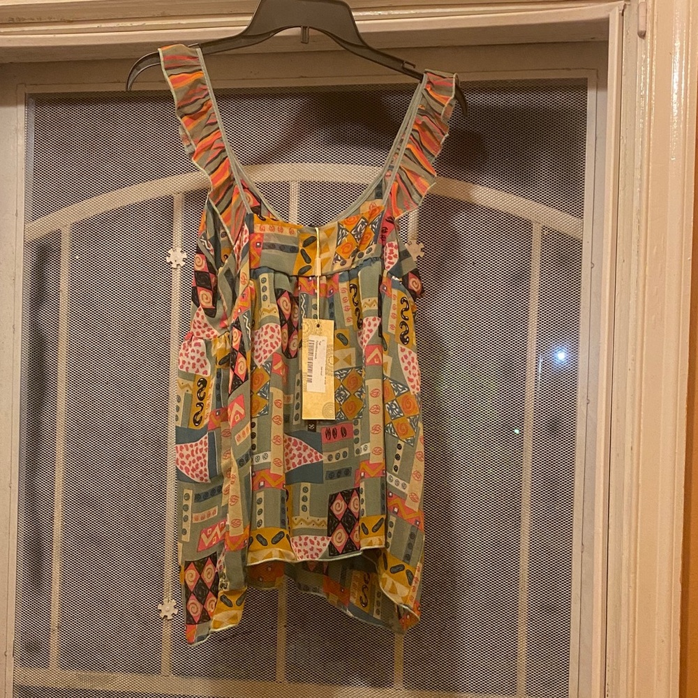 Ruffled Strap Geometric Print Tank Top - Multicolor